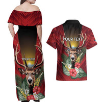 Personalized Antigua and Barbuda Couples Matching Off Shoulder Maxi Dress and Hawaiian Shirt Tropical Flowers Stag Deer - Wonder Print Shop