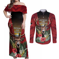 Personalized Antigua and Barbuda Couples Matching Off Shoulder Maxi Dress and Long Sleeve Button Shirt Tropical Flowers Stag Deer - Wonder Print Shop