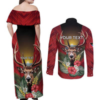 Personalized Antigua and Barbuda Couples Matching Off Shoulder Maxi Dress and Long Sleeve Button Shirt Tropical Flowers Stag Deer - Wonder Print Shop