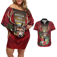 Personalized Antigua and Barbuda Couples Matching Off Shoulder Short Dress and Hawaiian Shirt Tropical Flowers Stag Deer - Wonder Print Shop