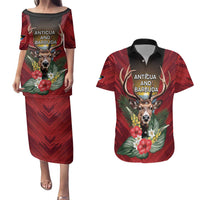 Personalized Antigua and Barbuda Couples Matching Puletasi and Hawaiian Shirt Tropical Flowers Stag Deer - Wonder Print Shop