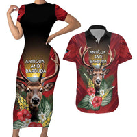 Personalized Antigua and Barbuda Couples Matching Short Sleeve Bodycon Dress and Hawaiian Shirt Tropical Flowers Stag Deer - Wonder Print Shop