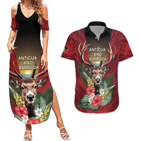 Personalized Antigua and Barbuda Couples Matching Summer Maxi Dress and Hawaiian Shirt Tropical Flowers Stag Deer - Wonder Print Shop