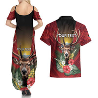 Personalized Antigua and Barbuda Couples Matching Summer Maxi Dress and Hawaiian Shirt Tropical Flowers Stag Deer - Wonder Print Shop