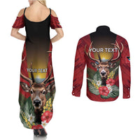Personalized Antigua and Barbuda Couples Matching Summer Maxi Dress and Long Sleeve Button Shirt Tropical Flowers Stag Deer - Wonder Print Shop