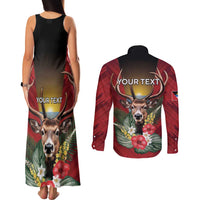 Personalized Antigua and Barbuda Couples Matching Tank Maxi Dress and Long Sleeve Button Shirt Tropical Flowers Stag Deer - Wonder Print Shop