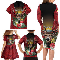 Personalized Antigua and Barbuda Family Matching Long Sleeve Bodycon Dress and Hawaiian Shirt Tropical Flowers Stag Deer - Wonder Print Shop