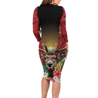 Personalized Antigua and Barbuda Family Matching Long Sleeve Bodycon Dress and Hawaiian Shirt Tropical Flowers Stag Deer - Wonder Print Shop