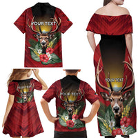 Personalized Antigua and Barbuda Family Matching Off Shoulder Maxi Dress and Hawaiian Shirt Tropical Flowers Stag Deer - Wonder Print Shop