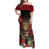 Personalized Antigua and Barbuda Family Matching Off Shoulder Maxi Dress and Hawaiian Shirt Tropical Flowers Stag Deer - Wonder Print Shop