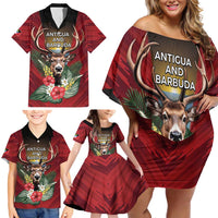 Personalized Antigua and Barbuda Family Matching Off Shoulder Short Dress and Hawaiian Shirt Tropical Flowers Stag Deer - Wonder Print Shop
