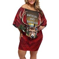 Personalized Antigua and Barbuda Family Matching Off Shoulder Short Dress and Hawaiian Shirt Tropical Flowers Stag Deer - Wonder Print Shop
