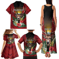 Personalized Antigua and Barbuda Family Matching Tank Maxi Dress and Hawaiian Shirt Tropical Flowers Stag Deer - Wonder Print Shop