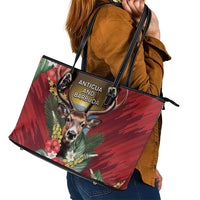 Antigua and Barbuda Leather Tote Bag Tropical Flowers Stag Deer - Wonder Print Shop