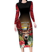 Personalized Antigua and Barbuda Long Sleeve Bodycon Dress Tropical Flowers Stag Deer - Wonder Print Shop