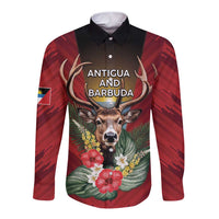 Personalized Antigua and Barbuda Long Sleeve Button Shirt Tropical Flowers Stag Deer - Wonder Print Shop