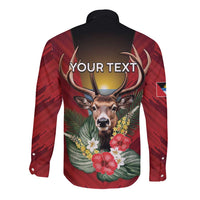 Personalized Antigua and Barbuda Long Sleeve Button Shirt Tropical Flowers Stag Deer - Wonder Print Shop