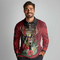Personalized Antigua and Barbuda Long Sleeve Polo Shirt Tropical Flowers Stag Deer - Wonder Print Shop