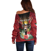 Personalized Antigua and Barbuda Off Shoulder Sweater Tropical Flowers Stag Deer - Wonder Print Shop