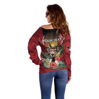 Personalized Antigua and Barbuda Off Shoulder Sweater Tropical Flowers Stag Deer - Wonder Print Shop