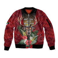 Personalized Antigua and Barbuda Sleeve Zip Bomber Jacket Tropical Flowers Stag Deer - Wonder Print Shop