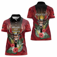 Personalized Antigua and Barbuda Women Polo Shirt Tropical Flowers Stag Deer - Wonder Print Shop