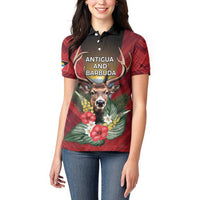 Personalized Antigua and Barbuda Women Polo Shirt Tropical Flowers Stag Deer - Wonder Print Shop