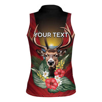 Personalized Antigua and Barbuda Women Sleeveless Polo Shirt Tropical Flowers Stag Deer - Wonder Print Shop