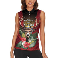 Personalized Antigua and Barbuda Women Sleeveless Polo Shirt Tropical Flowers Stag Deer - Wonder Print Shop