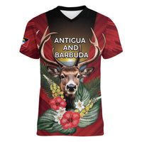 Personalized Antigua and Barbuda Women V-Neck T-Shirt Tropical Flowers Stag Deer - Wonder Print Shop