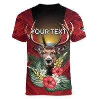 Personalized Antigua and Barbuda Women V-Neck T-Shirt Tropical Flowers Stag Deer - Wonder Print Shop