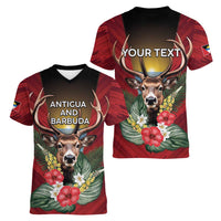 Personalized Antigua and Barbuda Women V-Neck T-Shirt Tropical Flowers Stag Deer - Wonder Print Shop
