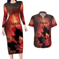 Personalized Canada Maple Leaf Couples Matching Long Sleeve Bodycon Dress and Hawaiian Shirt Red Galaxy Style - Wonder Print Shop