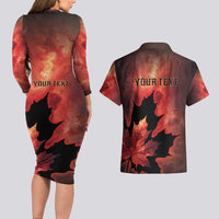 Personalized Canada Maple Leaf Couples Matching Long Sleeve Bodycon Dress and Hawaiian Shirt Red Galaxy Style - Wonder Print Shop