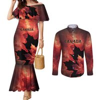 Personalized Canada Maple Leaf Couples Matching Mermaid Dress and Long Sleeve Button Shirt Red Galaxy Style - Wonder Print Shop