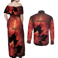 Personalized Canada Maple Leaf Couples Matching Off Shoulder Maxi Dress and Long Sleeve Button Shirt Red Galaxy Style - Wonder Print Shop