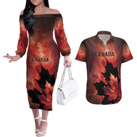 Personalized Canada Maple Leaf Couples Matching Off The Shoulder Long Sleeve Dress and Hawaiian Shirt Red Galaxy Style - Wonder Print Shop