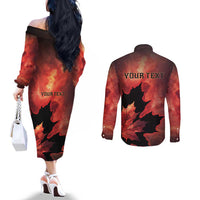 Personalized Canada Maple Leaf Couples Matching Off The Shoulder Long Sleeve Dress and Long Sleeve Button Shirt Red Galaxy Style - Wonder Print Shop