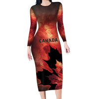 Personalized Canada Maple Leaf Long Sleeve Bodycon Dress Red Galaxy Style - Wonder Print Shop
