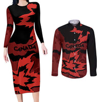 Canada Maple Leaf Couples Matching Long Sleeve Bodycon Dress and Long Sleeve Button Shirt Unique Style Red Version - Wonder Print Shop