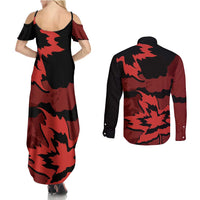 Canada Maple Leaf Couples Matching Summer Maxi Dress and Long Sleeve Button Shirt Unique Style Red Version - Wonder Print Shop