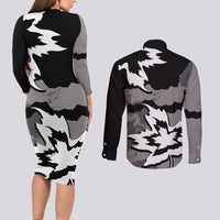 Canada Maple Leaf Couples Matching Long Sleeve Bodycon Dress and Long Sleeve Button Shirt Unique Style Black Version - Wonder Print Shop