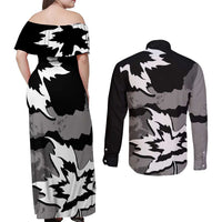 Canada Maple Leaf Couples Matching Off Shoulder Maxi Dress and Long Sleeve Button Shirt Unique Style Black Version - Wonder Print Shop