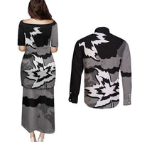 Canada Maple Leaf Couples Matching Puletasi and Long Sleeve Button Shirt Unique Style Black Version - Wonder Print Shop