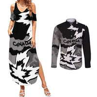 Canada Maple Leaf Couples Matching Summer Maxi Dress and Long Sleeve Button Shirt Unique Style Black Version - Wonder Print Shop