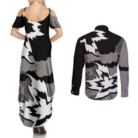 Canada Maple Leaf Couples Matching Summer Maxi Dress and Long Sleeve Button Shirt Unique Style Black Version - Wonder Print Shop