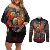 Indian Motorcycle Couples Matching Off Shoulder Short Dress and Long Sleeve Button Shirt Live To Ride Skull Biker Native American - Wonder Print Shop