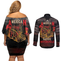 Indian Motorcycle Couples Matching Off Shoulder Short Dress and Long Sleeve Button Shirt Live To Ride Skull Biker Native American - Wonder Print Shop