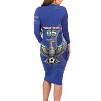 Custom Uzbekistan Football Long Sleeve Bodycon Dress Modern Glitch Art Style Huma Bird