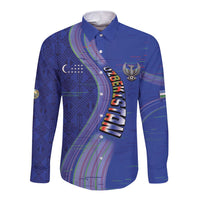Custom Uzbekistan Football Long Sleeve Button Shirt Modern Glitch Art Style Huma Bird